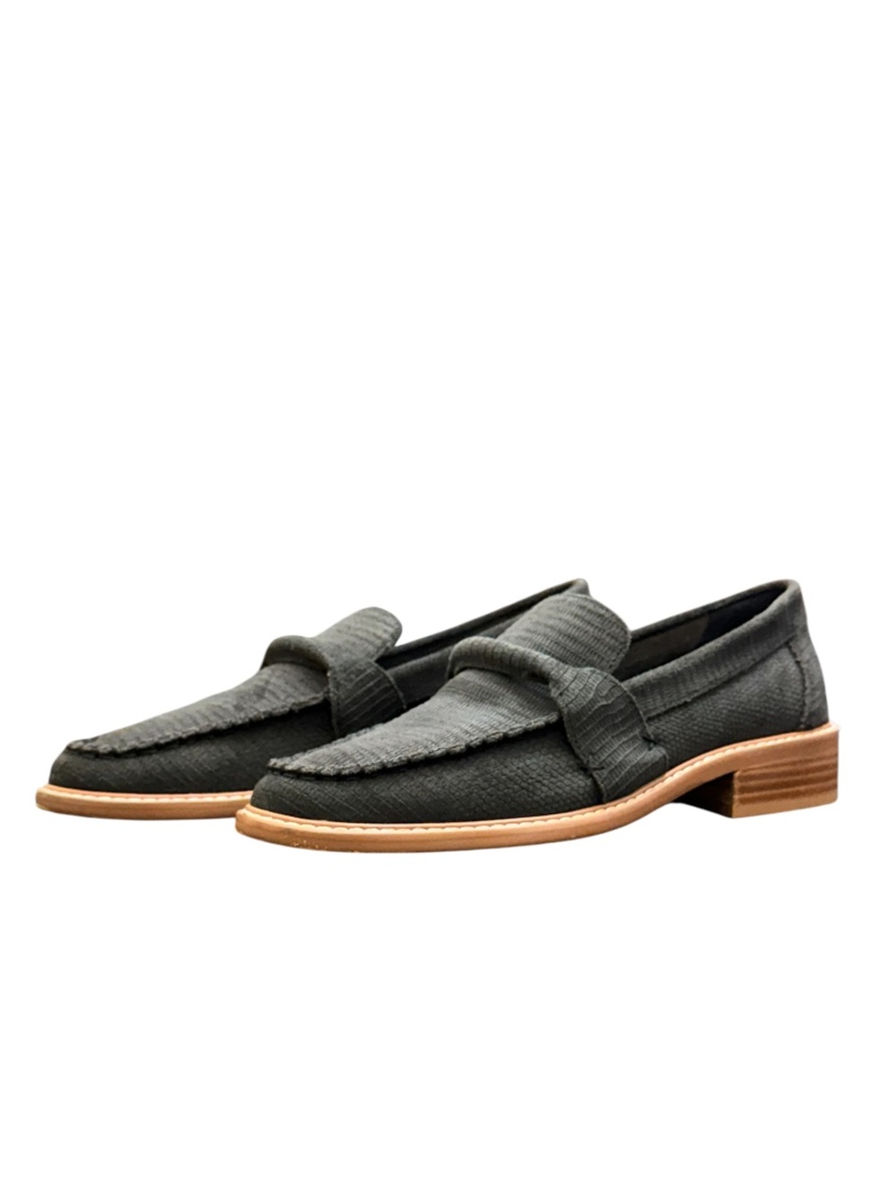 FREE PEOPLE - DARK GREY SUEDE EXTERIOR WITH BROWN WOODEN HEELS “BEDFORD” LOAFERS - Picture 2 of 9